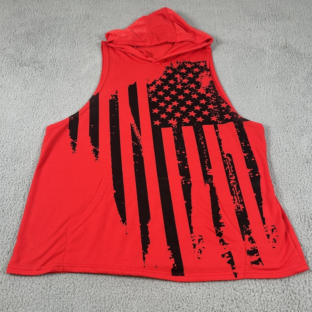 American Flag Tank Top Mens 2XL Red Hooded Sleeveless Pocket USA Patriotic Gym - Picture 5 of 15